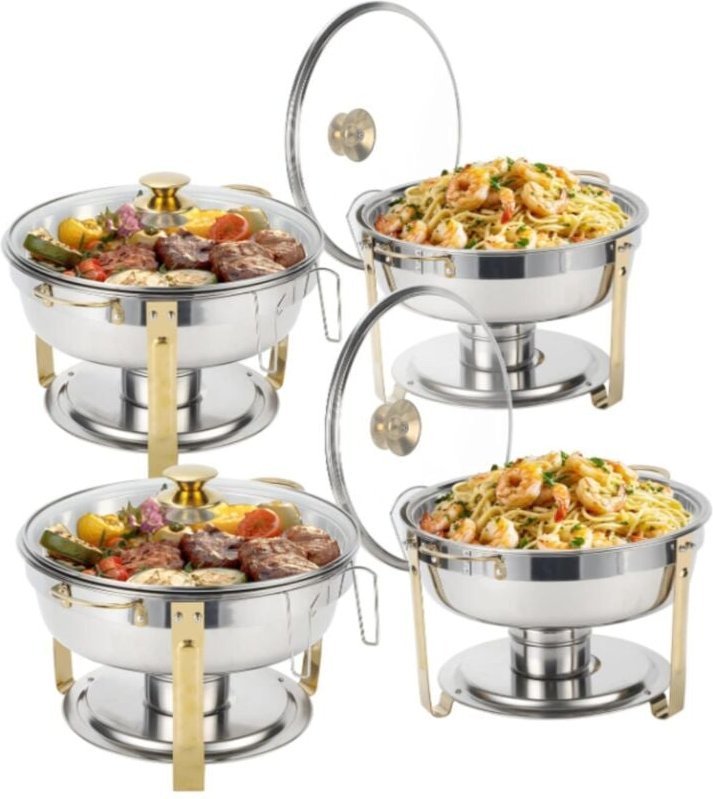 4-tlg Speisenwärmer Chafing Dish Speisenwärmer Set, rund, Edelstahl, Buffet Warmhalte-Set