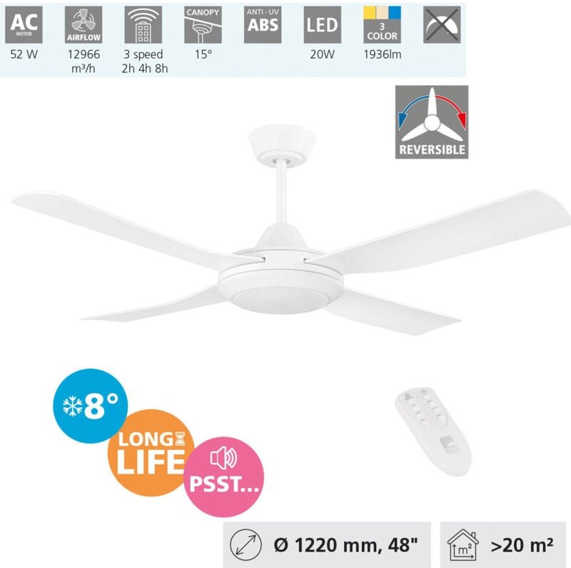 Deckenventilator Bondi 1, 4 Flügel Ventilator mit Beleuchtung und Fernbedienung, Sommer Winter Betrieb, warmweiß - kaltw...