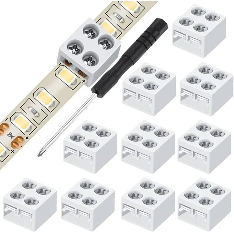 10 Stück 2-polige 8-mm-LED-Streifenverbinder mit Schraubendreher für 5-24-V-LED-Streifenbeleuchtung (Weiß)