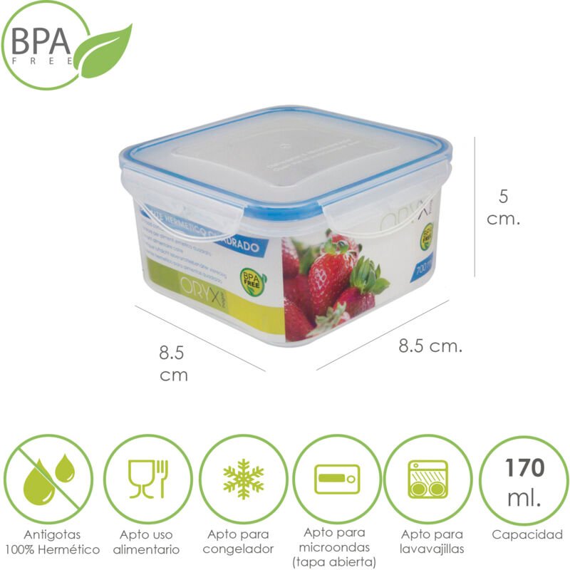 Quadratischer hermetischer Kunststoffbehälter 170 ml. 8,5 x 8,5 x 5 (h) cm.