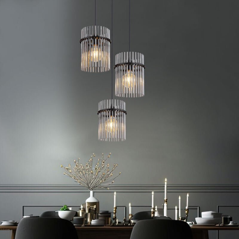 Hängeleuchte Pendellampe Esszimmerleuchte Wohnzimmerlampe Deckenleuchte, Metall Glasstäbe schwarz rauchfarben, 3x LED 9W...