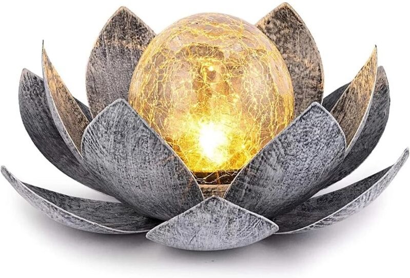 LED-Solarlampe, Lotusform, gesprungene Glaskugel, Gartendekoration, Metall-Solarlaterne, Seerose, Tischlampe für den Auß...