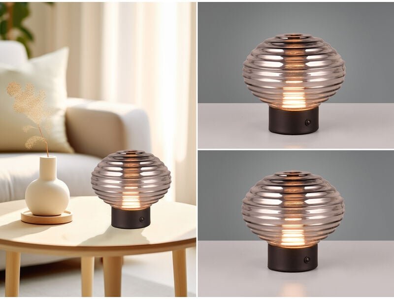 Meinewunschleuchte - 2er set Retro Akku Tischleuchten mit Rauchglas Lampenschirm, Höhe 14cm