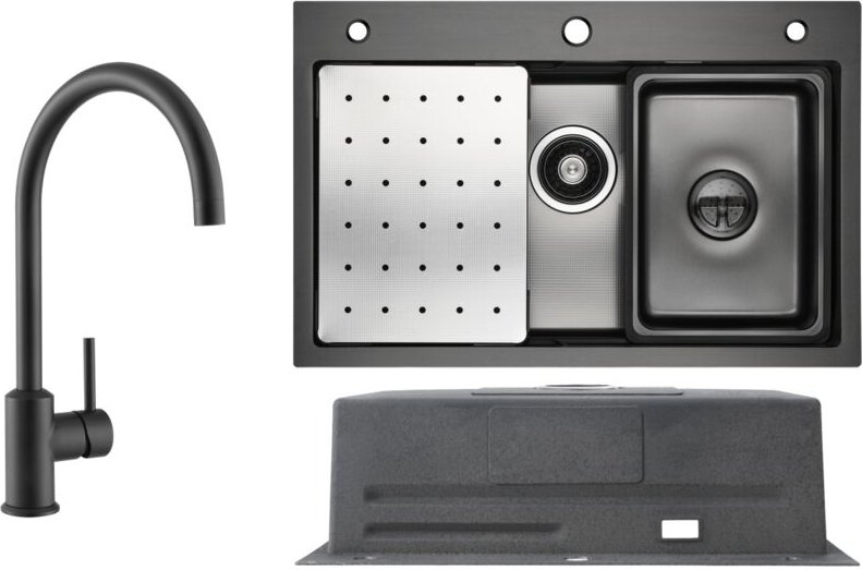 Küchenspüle aus Edelstahl 70x45cm Anthrazitschwarz Mit Abtropffläche + Hochdruck-Küchenarmatur Schwarz Hohe 363.7MM