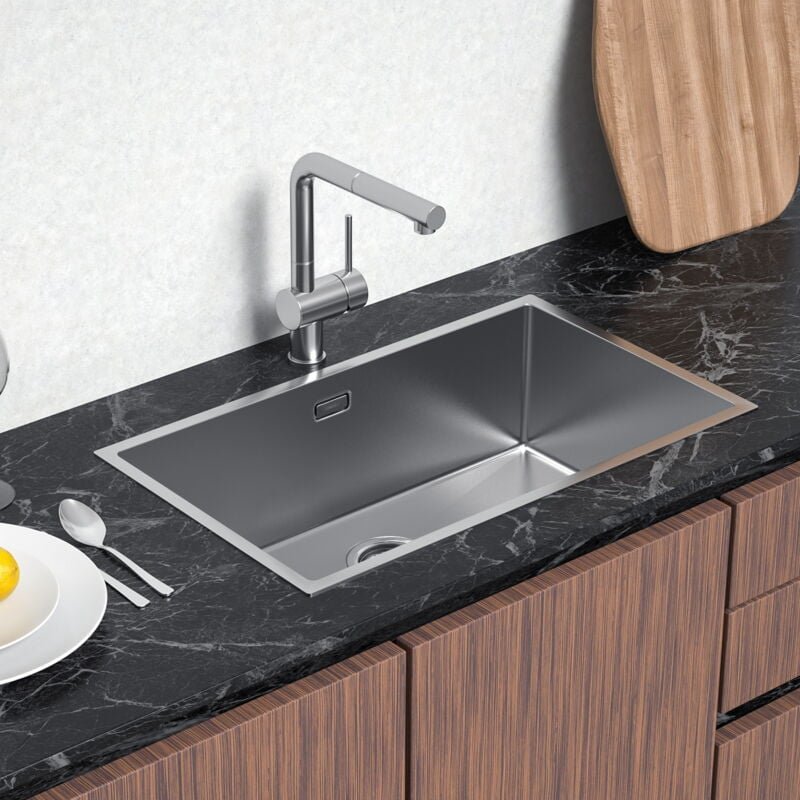 Spülbecken 74 x 44cm Edelstahlspüle, Einbauspüle für ab 80er Unterschrank, Küchenspüle mit Über- und Ablaufgarnitur, Flä...