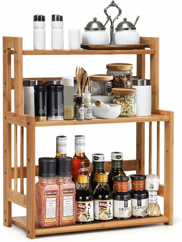 3-stufiges Gewürzregal mit einer höhenverstellbarer Ablage, Eckregal aus Bambus - Costway