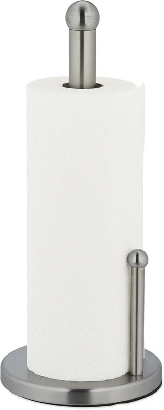 Relaxdays Küchenrollenhalter stehend, Küchenrollenständer Edelstahl, Rollenhalter mit Abrollstop, HxD 35 x 15 cm, silber