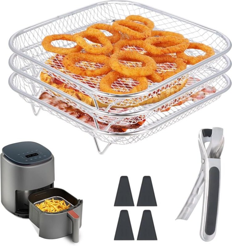 Luftfritteusen Regal aus 304 Edelstahl 3 lagig stapelbares, 20cm Gitter für Heißluftfritteuse Zubehör Eckig, Airfryer Zu...