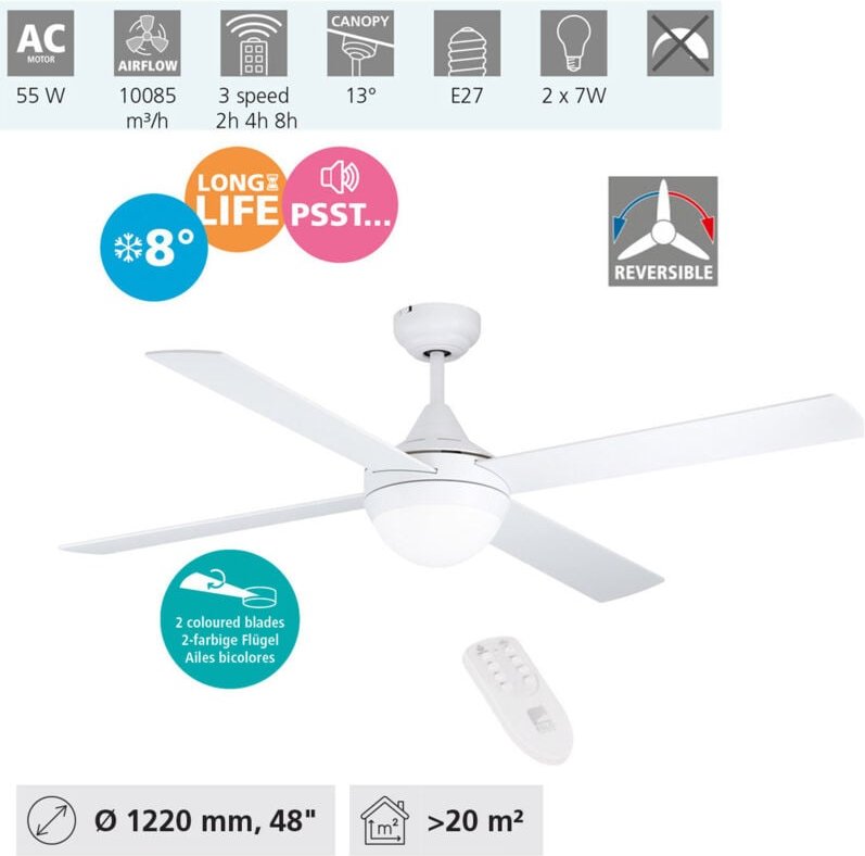 Deckenventilator varadero, 4 Flügel Ventilator mit Licht, Wendeflügel aus mdf in Weiß oder Eiche, Gehäuse aus Stahl in W...