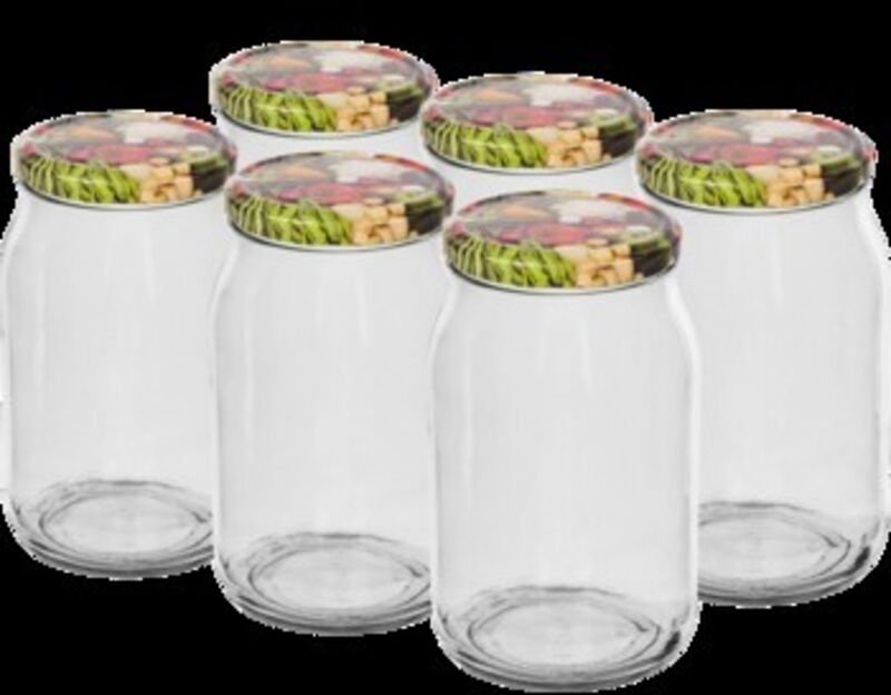 Selgros111 Glasgefäße 900ml TO, 6 Stück, farbige Deckel