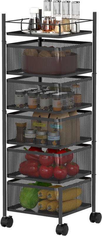 Küchenwagen, 5 drehbare Körbe, 4 Lenkrollen, Metallrahmen, Schwarz