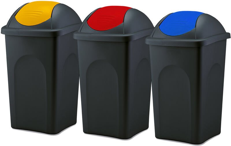 BigDean 3x Mülleimer groß 60L - schwarz - mit Schwingdeckel gelb, rot & blau - aus Kunststoff - Müllsammler Abfalleimer ...