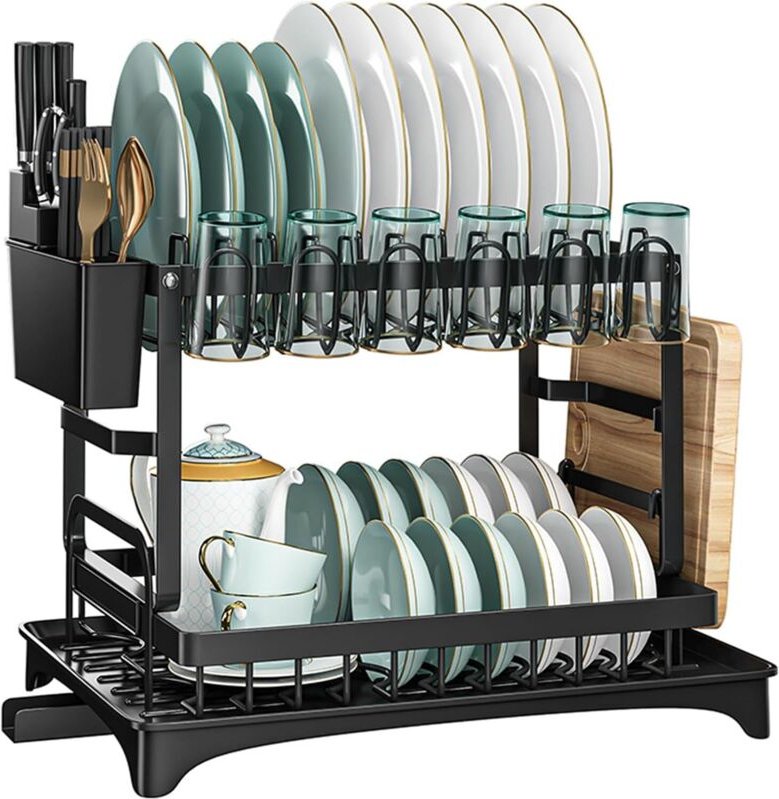2-stöckiger, schwarzer Geschirrständer aus Edelstahl mit Besteckhalter und Abtropfschale.