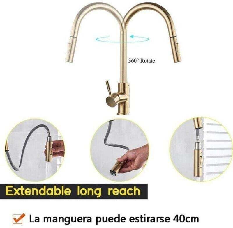 360°-Küchenarmatur mit 2 Strahlarten, Einhebelmischer, Warm- und Kaltwasseranschluss, gebürstetes Gold