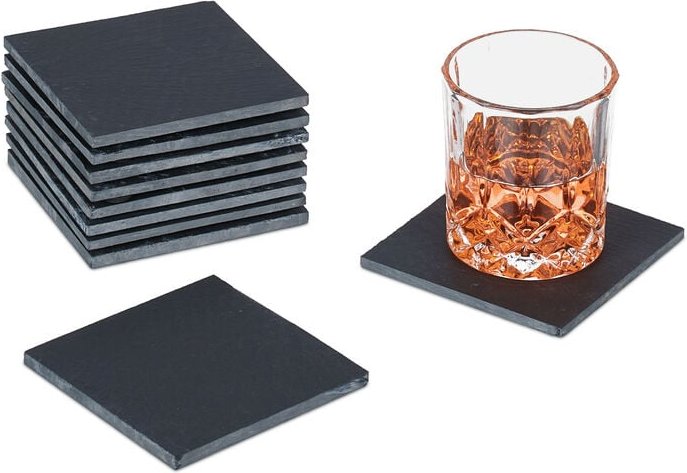 Relaxdays Schiefer Untersetzer, 10er Set, eckige Getränkeuntersetzer, H x B: 10x10 cm, Schieferplatte Gläser, anthrazit