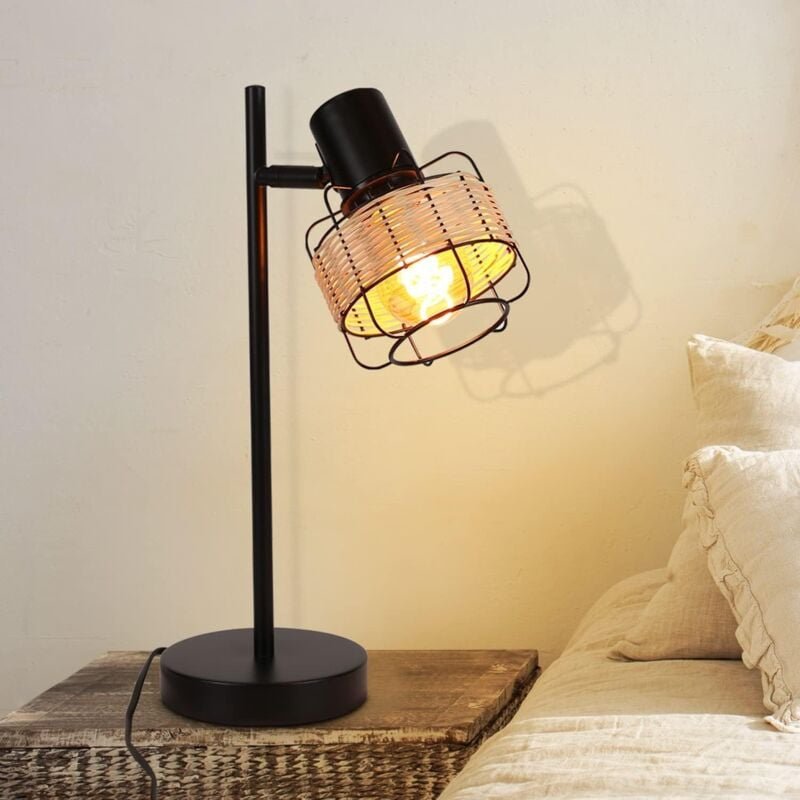 Thumbnail - Tischlampe Vintage Landhaus Tischleuchte - Rattan Nachttischlampe Retro Schwarz Rustikal aus Bambus Metall mit Schalter ...