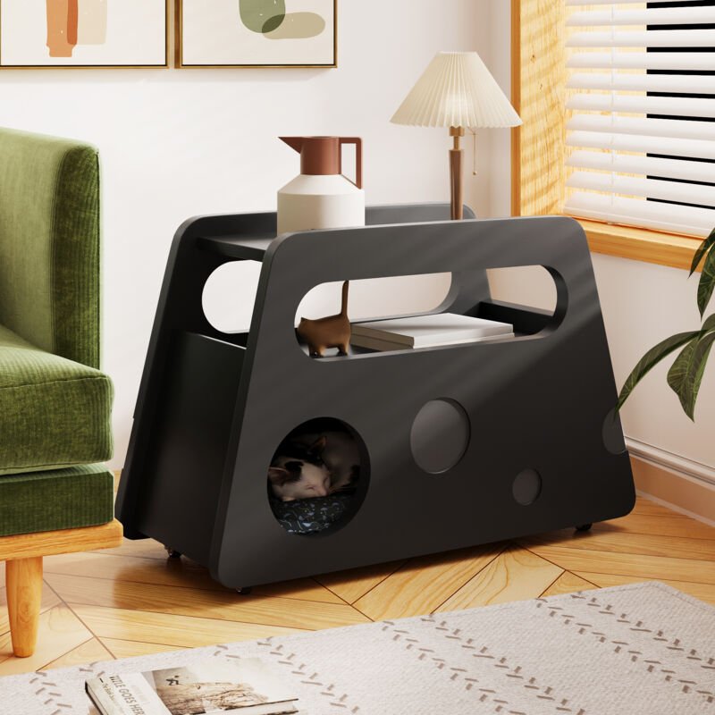 Beistelltisch 81 x 33 x 51,5 cm, mobil und sicher, MDF und Spanplatte, schwarz