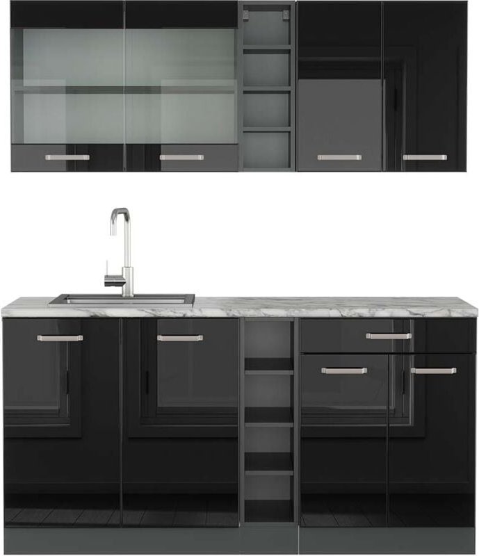 Vicco - Singleküche R-Line, Schwarz Hochglanz/Anthrazit, 160 cm , ap Marmor