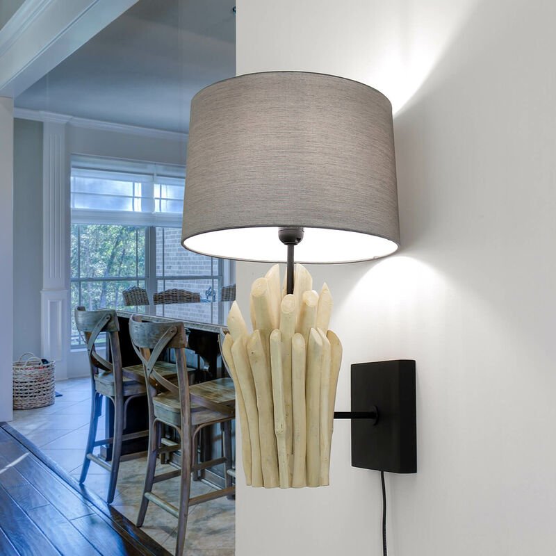 Wandlampe E27 Grau Natur Stoff Holz Modern Wandleuchte
