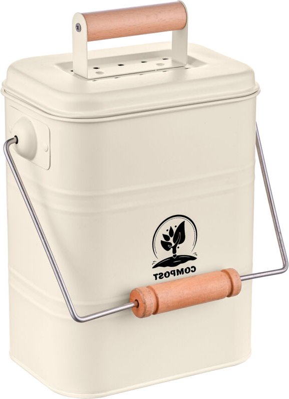 Relaxdays Komposteimer Küche, 3,5 Liter, 2 Aktivkohlefilter, Deckel, Henkel, Eisen & Holz, Biomüllbehälter, creme