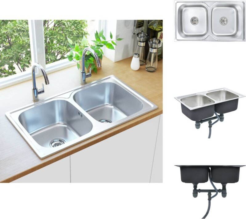 Küchenspülen & Spülbecken - Living Küchenspüle Doppelbecken mit Sieb & Siphon Edelstahl - Silber