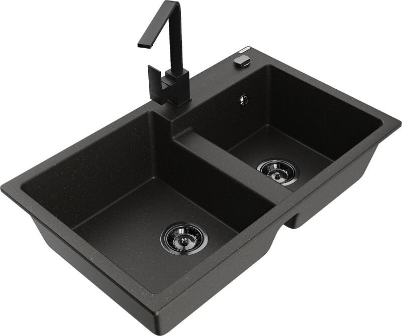Tomas 2-Becken-Granitspüle mit Mischbatterie Rita, Schwarz/Gold metallisch - 6516-75-670300-70-B - Mexen