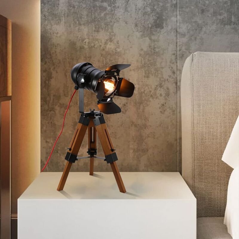 Stativ LED Tischlampe Moderne Industrielle Nachttischlampe Lesetischlampe mit Holzstativ für Wohnzimmer, Schlafzimmer E2...