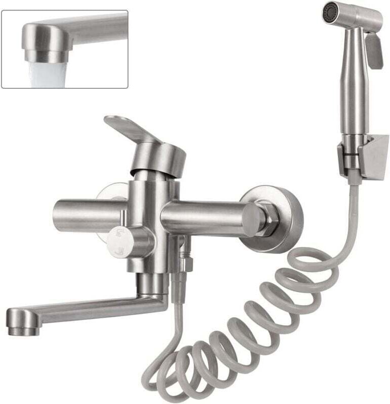 Wandmontierte Küchenarmatur, Wandmontierte Küchenmischbatterie mit Brausepistole, 360° schwenkbare Mischbatterie, 23 cm ...