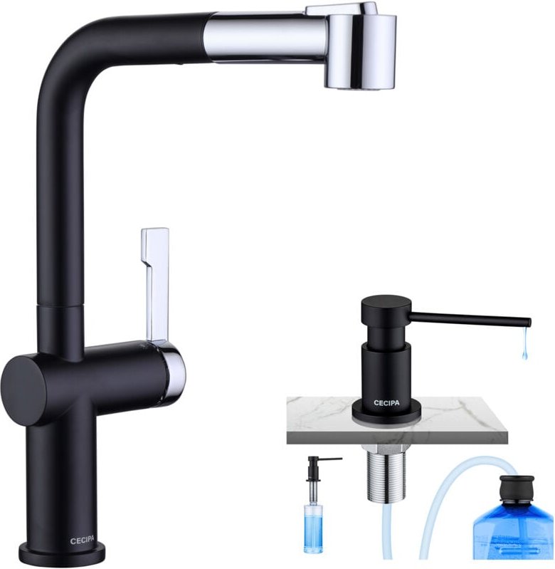 Cecipa Hochdruck Ausziehbarer Küchenarmatur, Küchenspüle-Wasserhahn mit 2 Wasserauslass-Modi + Küchenseifenspender mit 3...
