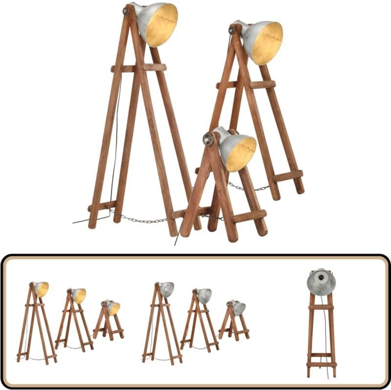 Stehlampen 3 Stk. Silbern E27 Mango Massivholz - Vintage Lampe - Stehlampe Set - Industrielle Deko - Holzstelenleuchte -...