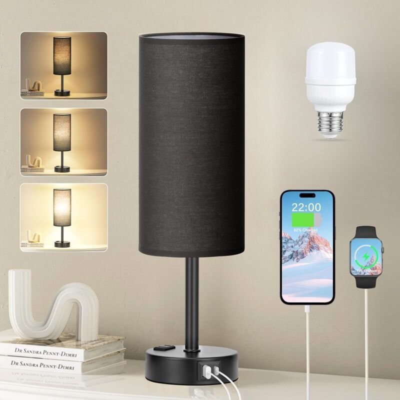 Thumbnail - Schwarze Schlafzimmerlampe für Nachttisch – 3-Wege-Dimmbare Nachttischlampe USB-C-A-Ladeanschlüsse und AC-Steckdose, kle...
