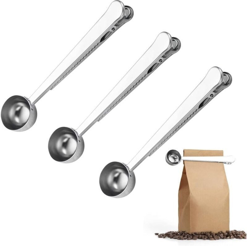 Thumbnail - Kaffeemesslöffel mit Beutelclip, 3-teilig, langer Griff, silberfarbener 2-in-1-Messlöffel aus Edelstahl für Milchpulver,...