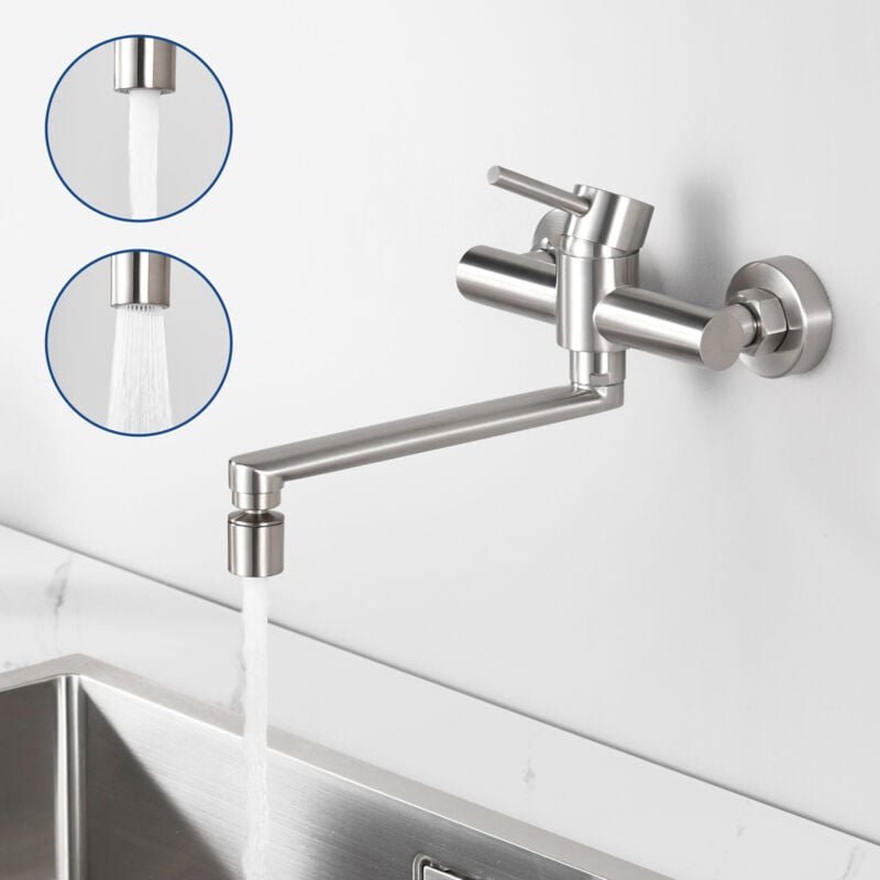Küchenarmatur, wandmontierter Wasserhahn, Einhebel-Küchenarmatur, Küchenarmatur aus Edelstahl mit 2 Wasserausläufen, geb...