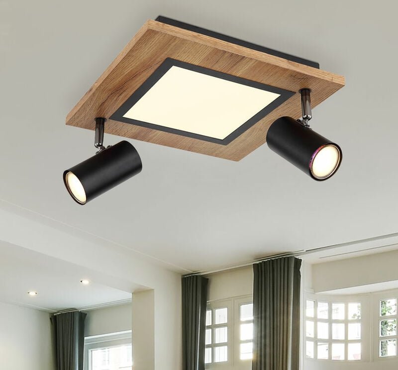 Deckenleuchte Holz eckig Deckenlampe Wohnzimmer Spots Deckenleuchte schwarz, Strahler schwenkbar, 1x led 2x GU10 getrenn...