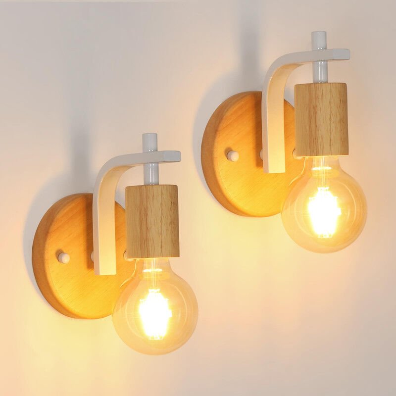 Comely - Vintage-Wandleuchten aus Holz, 2er-Pack, E27-Wandlampe aus weißem Metall, Wandleuchten für den Innenbereich für...