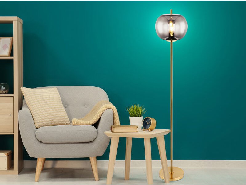 Stehlampe blacky mit Rauchglas Lampenschirm, Metall Messing, Höhe: 160cm