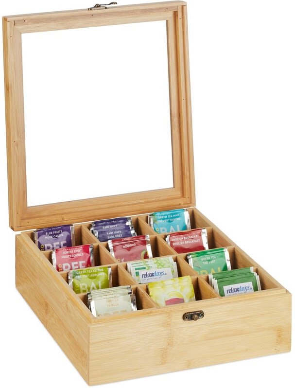 Relaxdays - Teebox, 12 Fächer, Bambus, HxBxT: 9,5 x 26,5 x 28,5 cm, für Tee & Kaffeepads, Teebehälter mit Deckel, natur