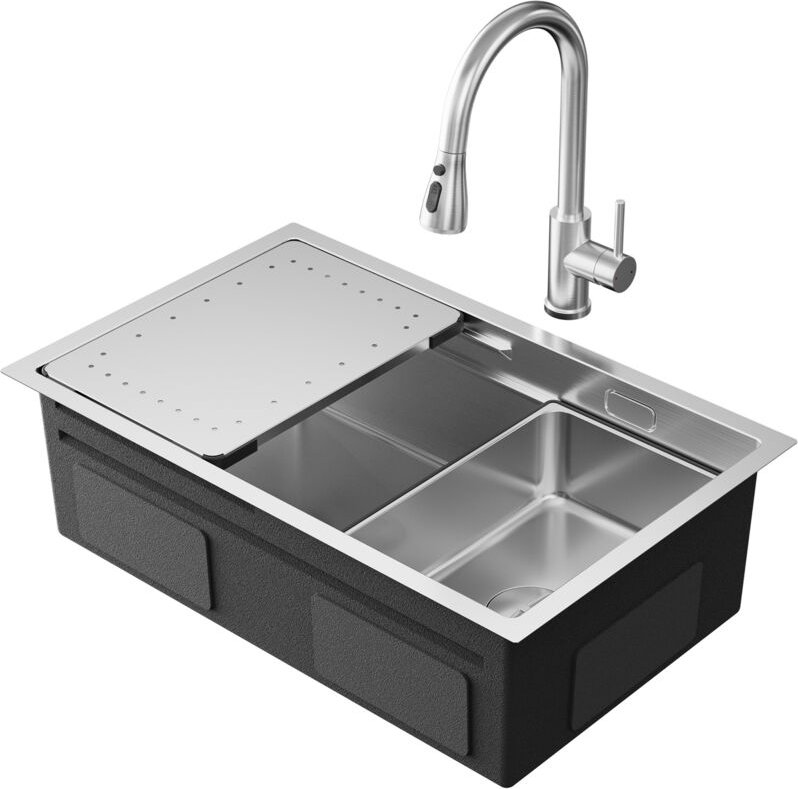 Thumbnail - Küchenspüle-Set aus Edelstahl mit Einzelbecken, 70 x 44 cm, mit Abtropffläche, Küchenmischbatterie mit ausziehbarer Brau...