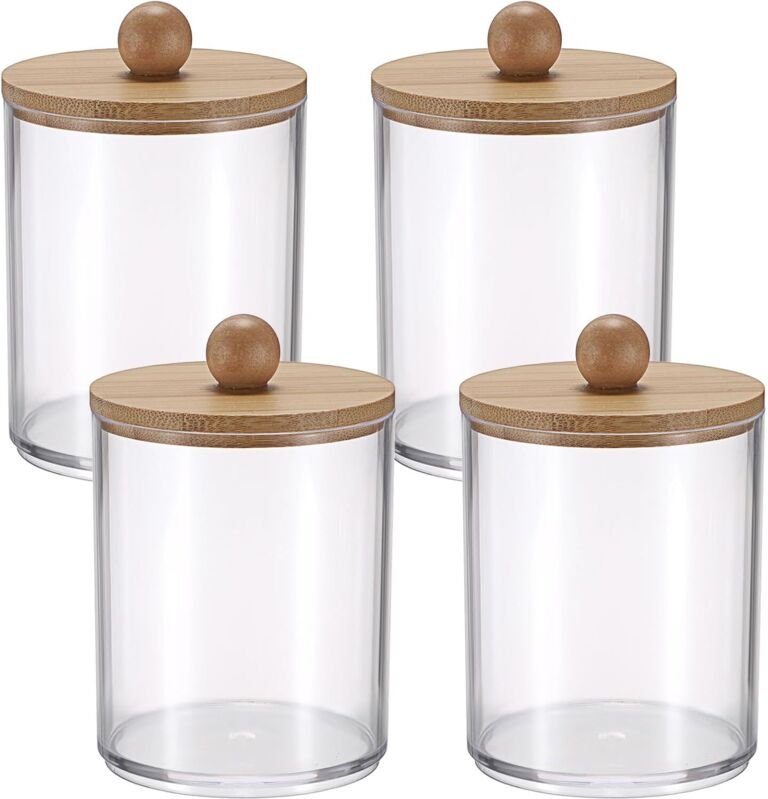 Set mit 4 transparenten Kunststoff-Aufbewahrungsdosen für Medikamentenflaschen mit Bambusdeckeln, Wattestäbchenspender, ...