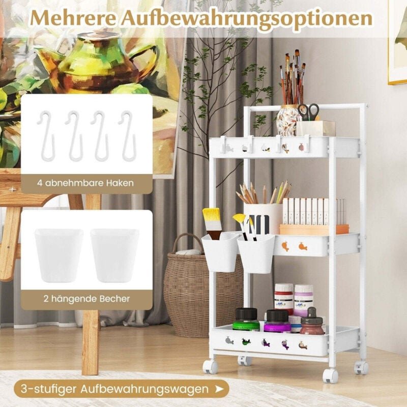 Thumbnail - 3 ebenen rollwagen servierwagen mit rollen kuchenwagen mit 2 hangebechern 42 x 29 x 83 cm wei