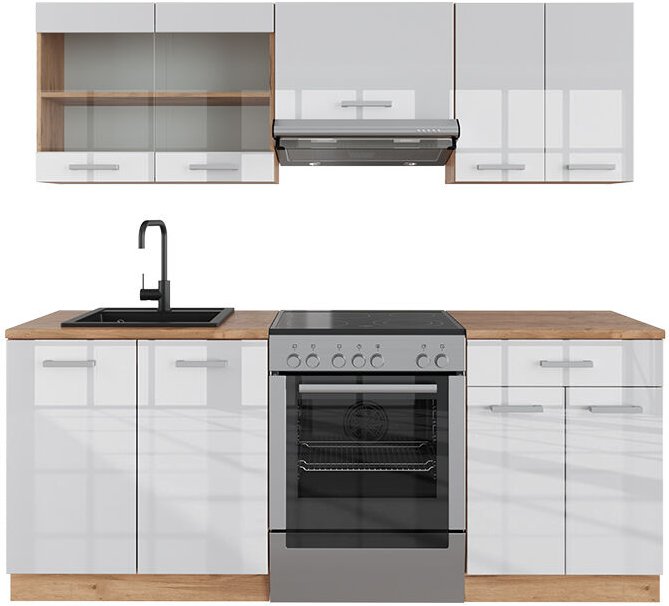 Vicco - Küchenzeile R-Line, Weiß Hochglanz/Goldkraft Eiche, 200 cm , ap Eiche