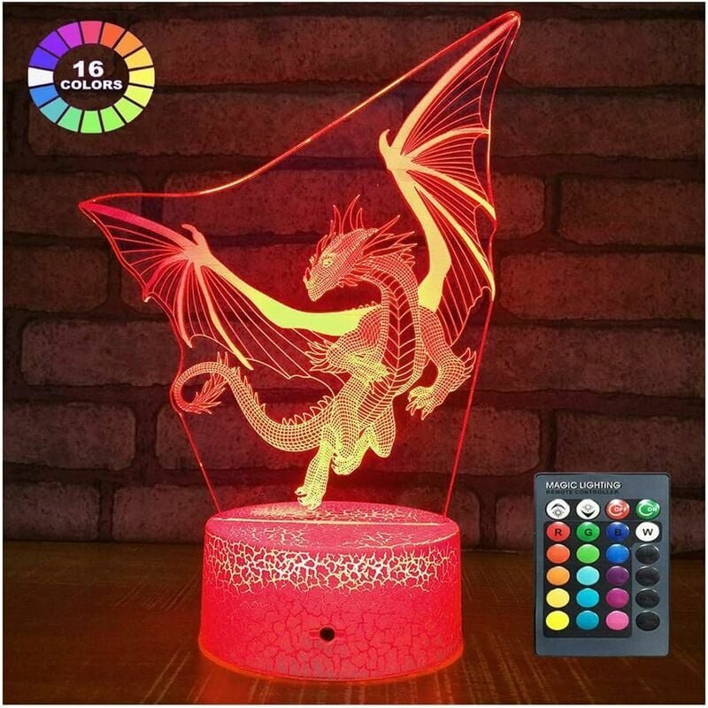 Thumbnail - Mumu - Drachen-Nachtlicht Drachenlampe Kinder-Nachtlicht, 16 Farben mit Fernbedienung 3D optische Täuschung Lampe Kinder...