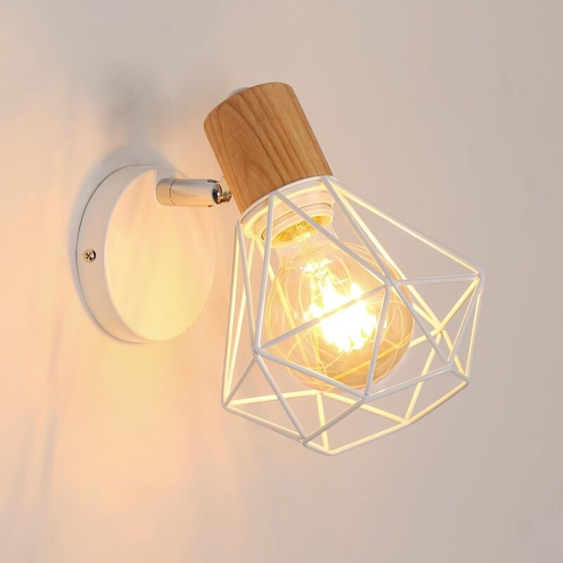 COMELY® Vintage-Industrie-Wandleuchte, 350° drehbare Wandlampe aus Holz, E27-Käfiglampe aus Metall und Eisen für Schlafz...