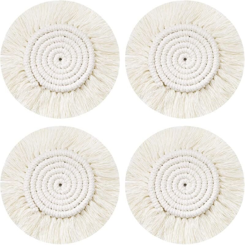 Handgewebte Platzsets, 4-teiliges Set runder Makramee-Untersetzer, Boho-Kaffee-/Bier-/Tassenuntersetzer, rutschfest, hit...