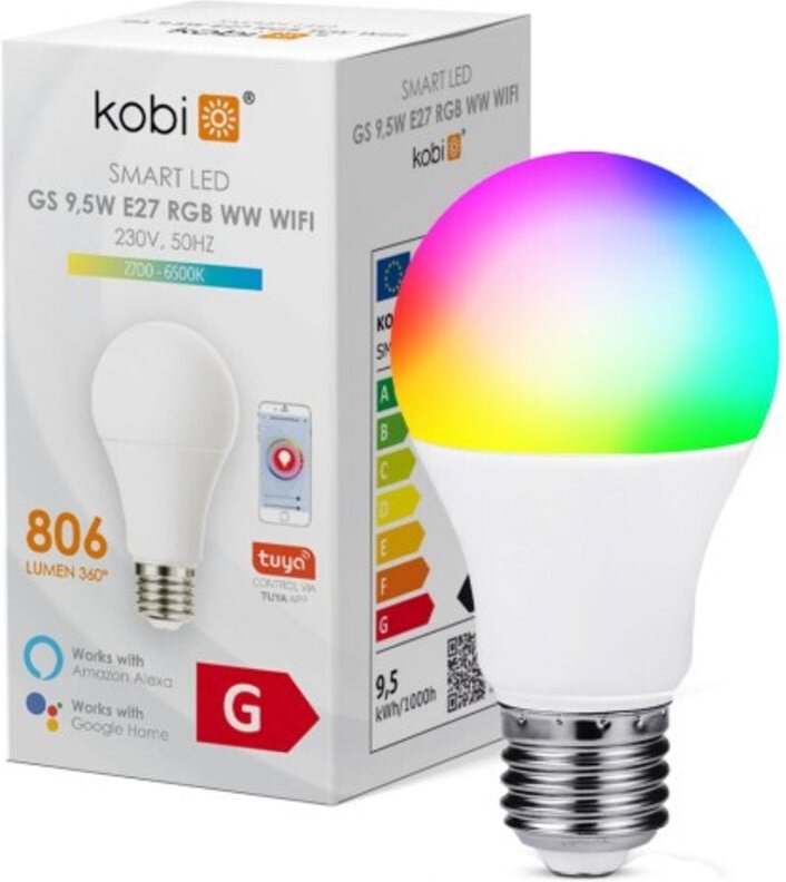 Intelligente LED-Lampe 9,5 W E27 RGB, milchig-weiß, kugelförmig, farbwechselnd, WLAN, Kobi