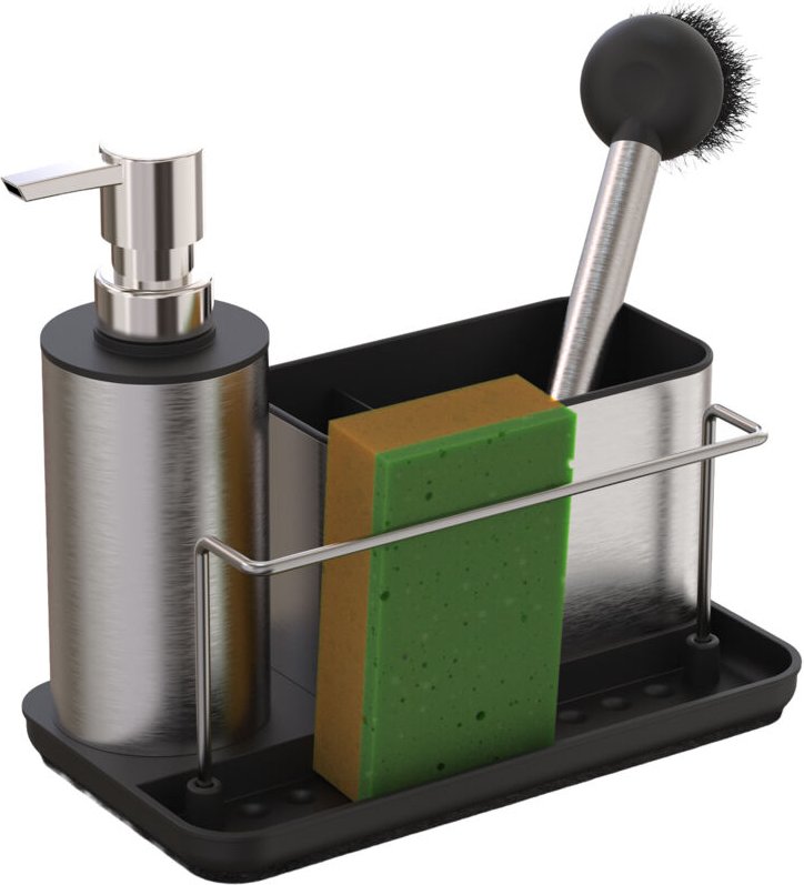 Relaxdays Spülbecken Organizer, mit Seifenspender & Schwammhalter, HBT: 19x21x12 cm, Spülset Küche, Edelstahl, silber