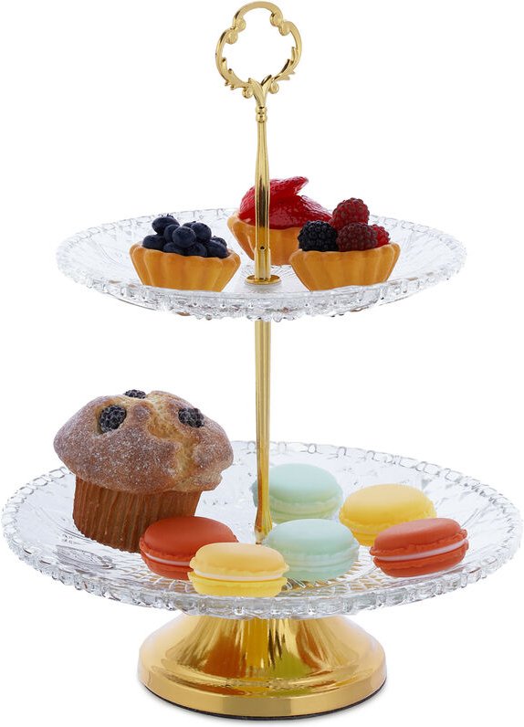 Relaxdays Etagere, Glas & Eisen, HxD: 30 x 23 cm, runder Servierständer, 2 Etagen, Cupcake Ständer, transparent/gold