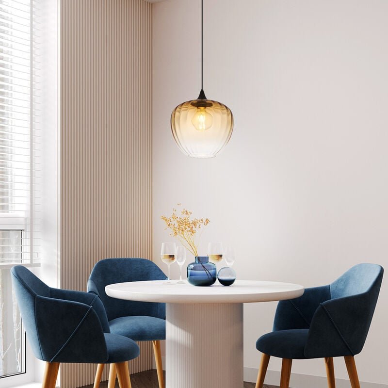 Pendelleuchte Esszimmerlampe Hängeleuchte Glas amber klar Rillen schwarz Küche