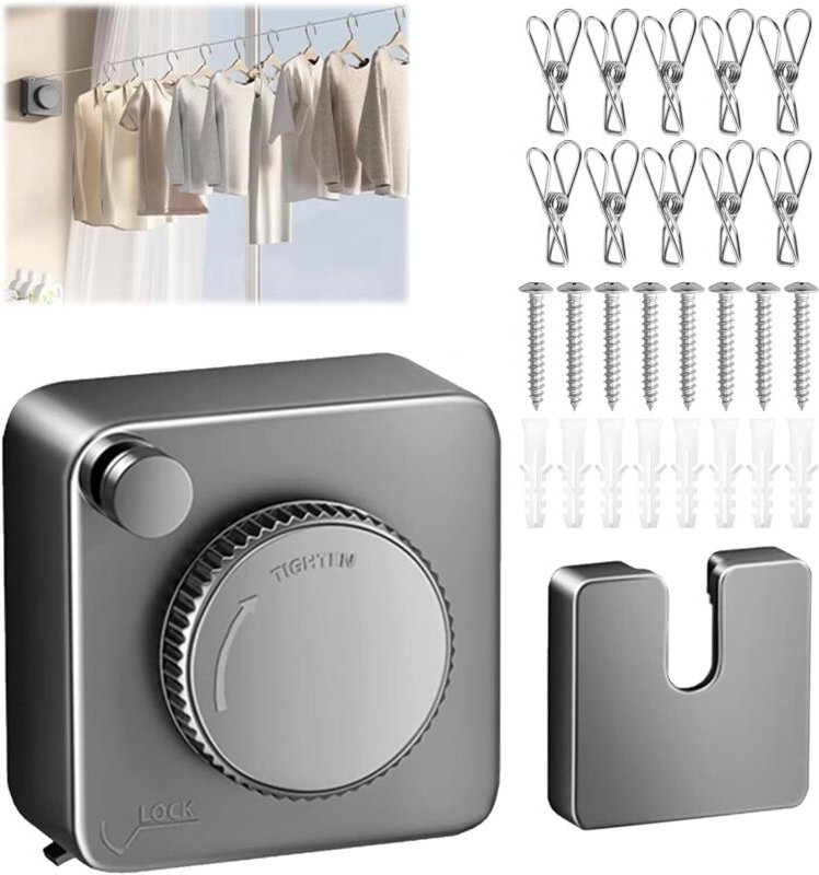 Einziehbare Wäscheleine – 4,2 m lange Wäscheleine aus Edelstahl, durchhängsicher, für den Innen- und Außenbereich, für B...