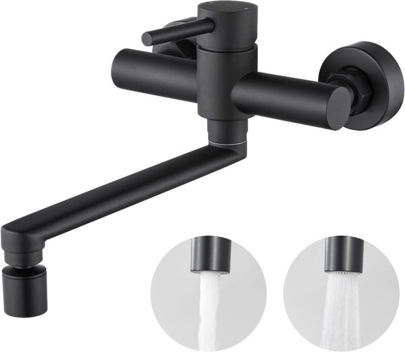 CECIPA Wand-Küchenarmatur schwarz Küchenspülenhahn Edelstahl-Wasserhahn 2 Strahlarten 360° schwenkbar